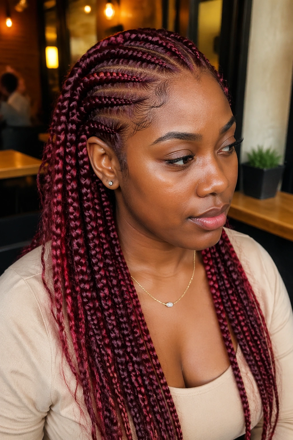 Portrait of a real person with two-toned burgundy and wine red feed-in cornrows.