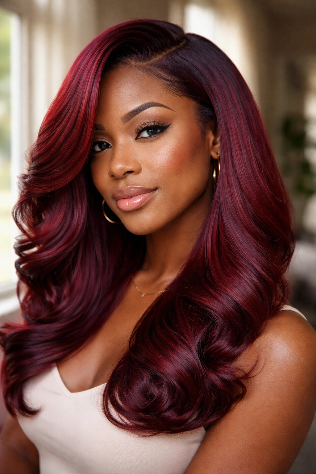 Close-up of a real woman with two-tone auburn and crimson red silk-pressed hair