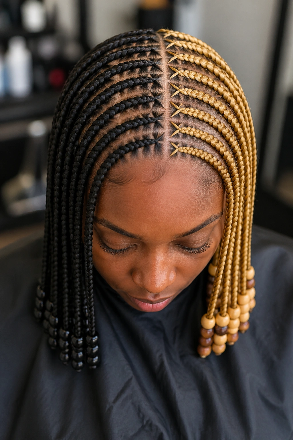 Close-up of a real person with a two-tone stitch pattern: left black hair, right honey-blonde with color-matched beads