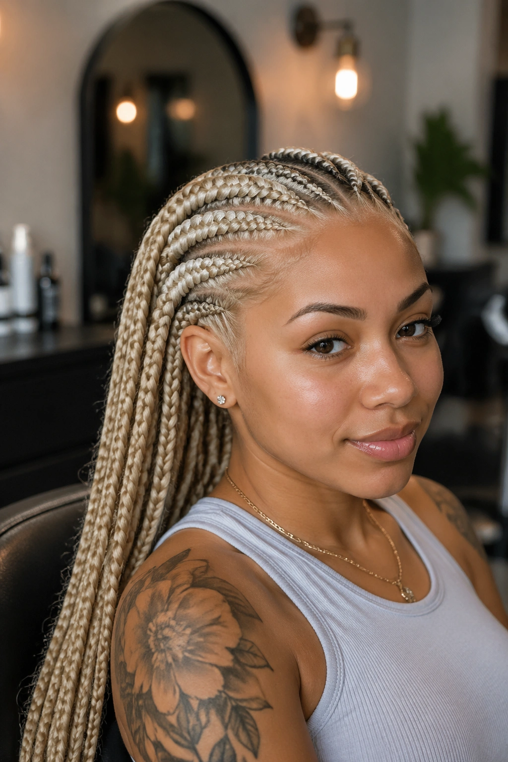 Two-tone stitch cornrows with platinum roots and dark blonde length on a real person.