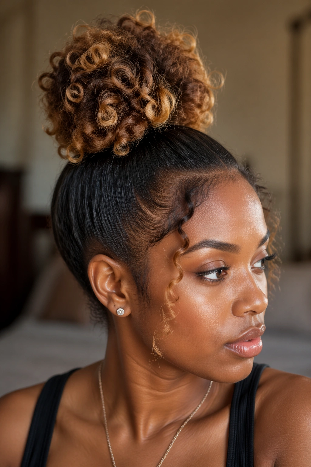 Close-up of a real woman with a two-tone textured top knot bun.