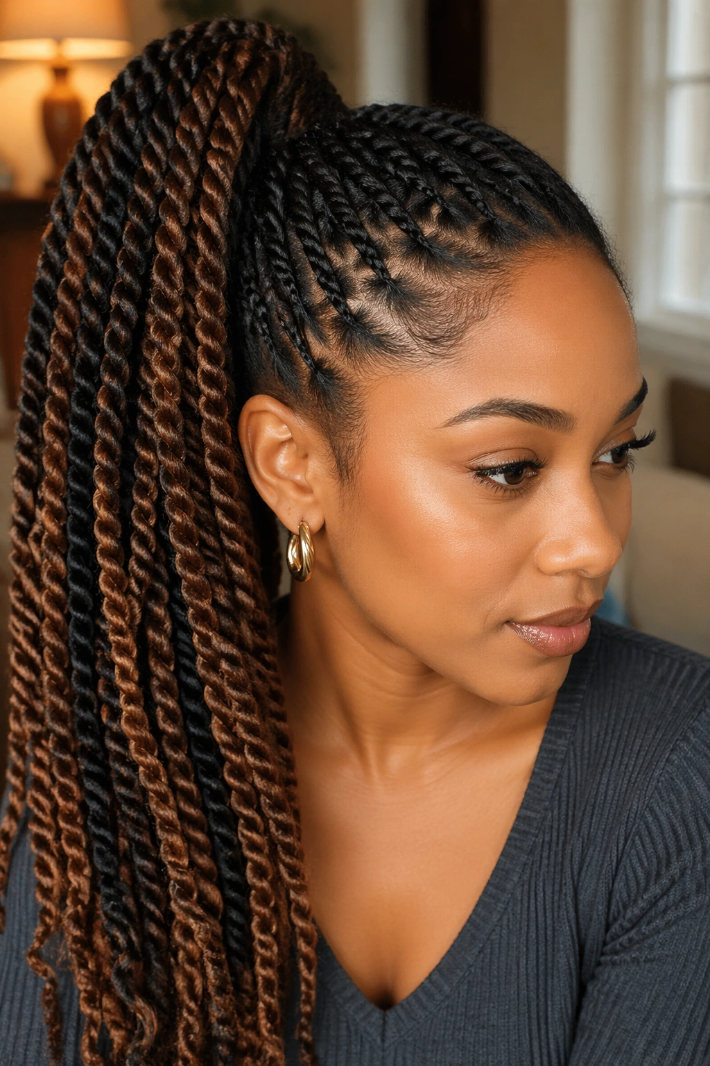 Two-tone twist ponytail with dark roots and lighter lengths on real woman
