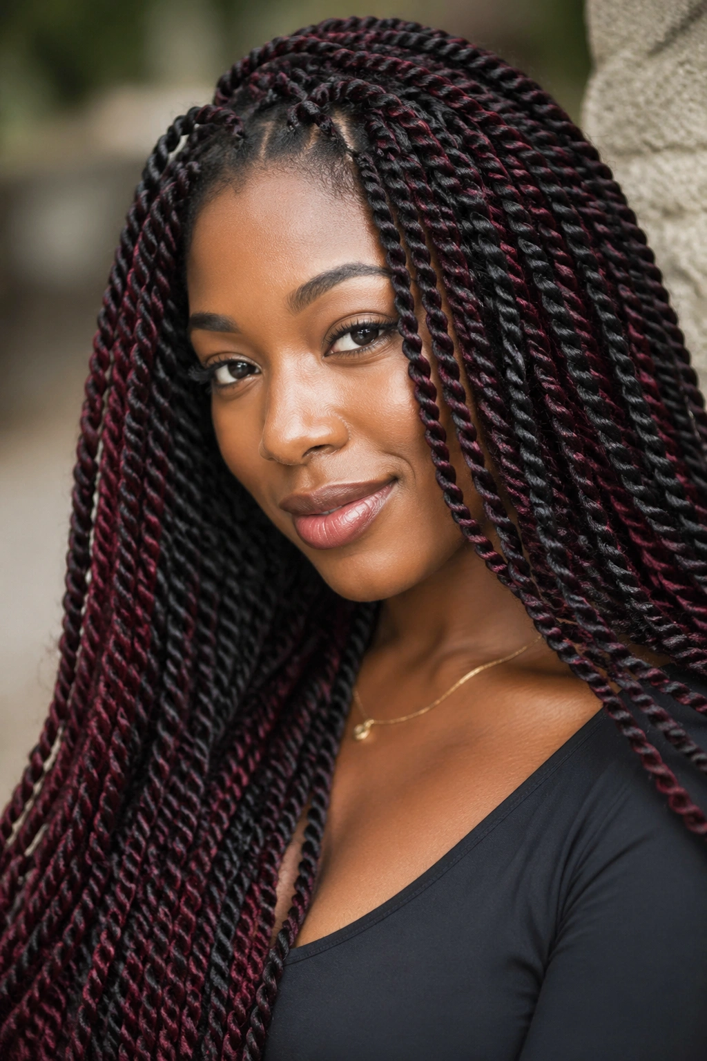 Close-up of real woman with two-tone twist braids in dual colors.