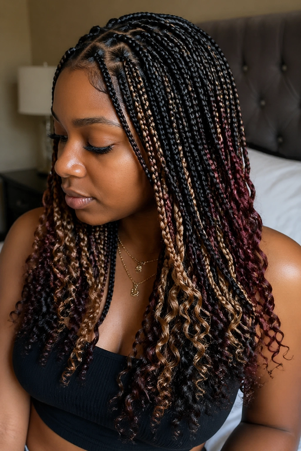 Close-up of knotless braids with black top and warm/cool underlay colors.
