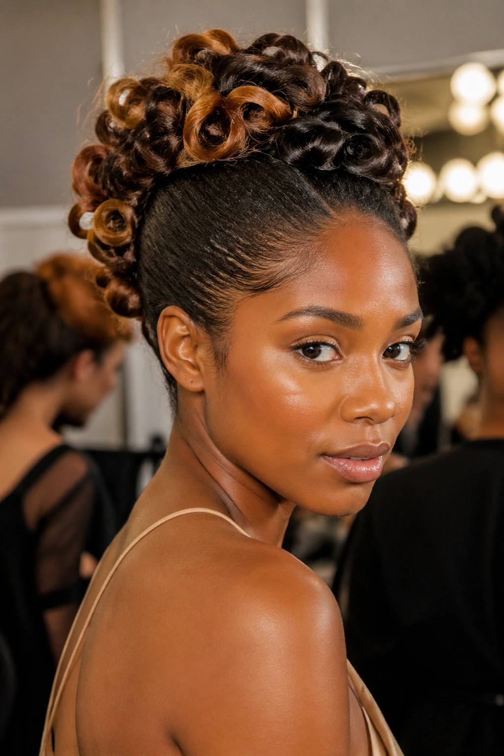 Real woman with two-tone updo showing natural roots to honey ends