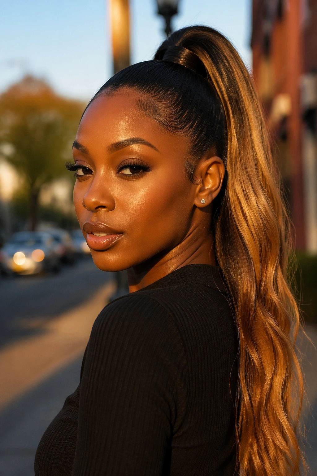 Close-up of a woman with a two-tone long weave ponytail: dark roots to lighter ends.