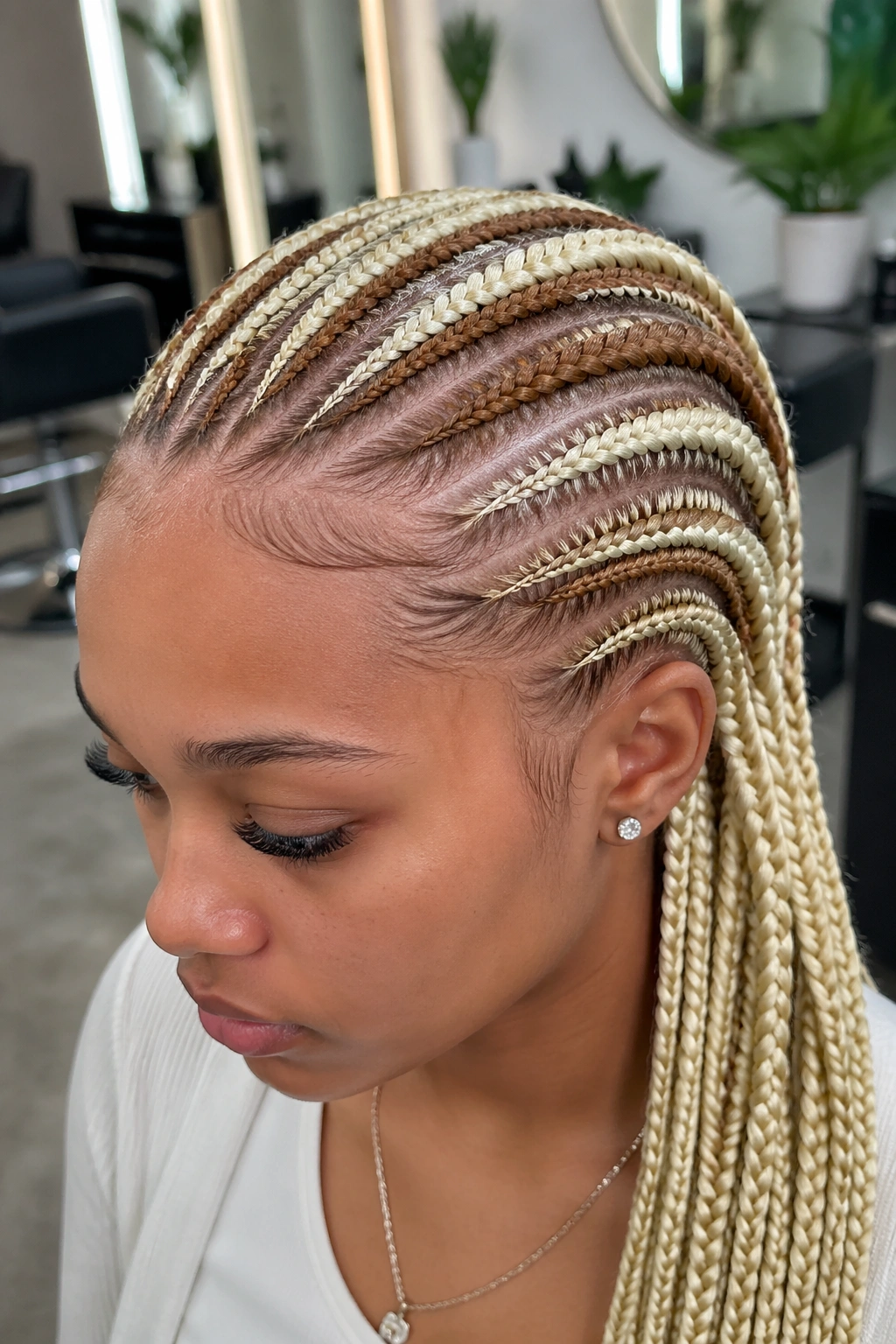 Real woman with two-toned blonde cornrows showing honey and platinum shades