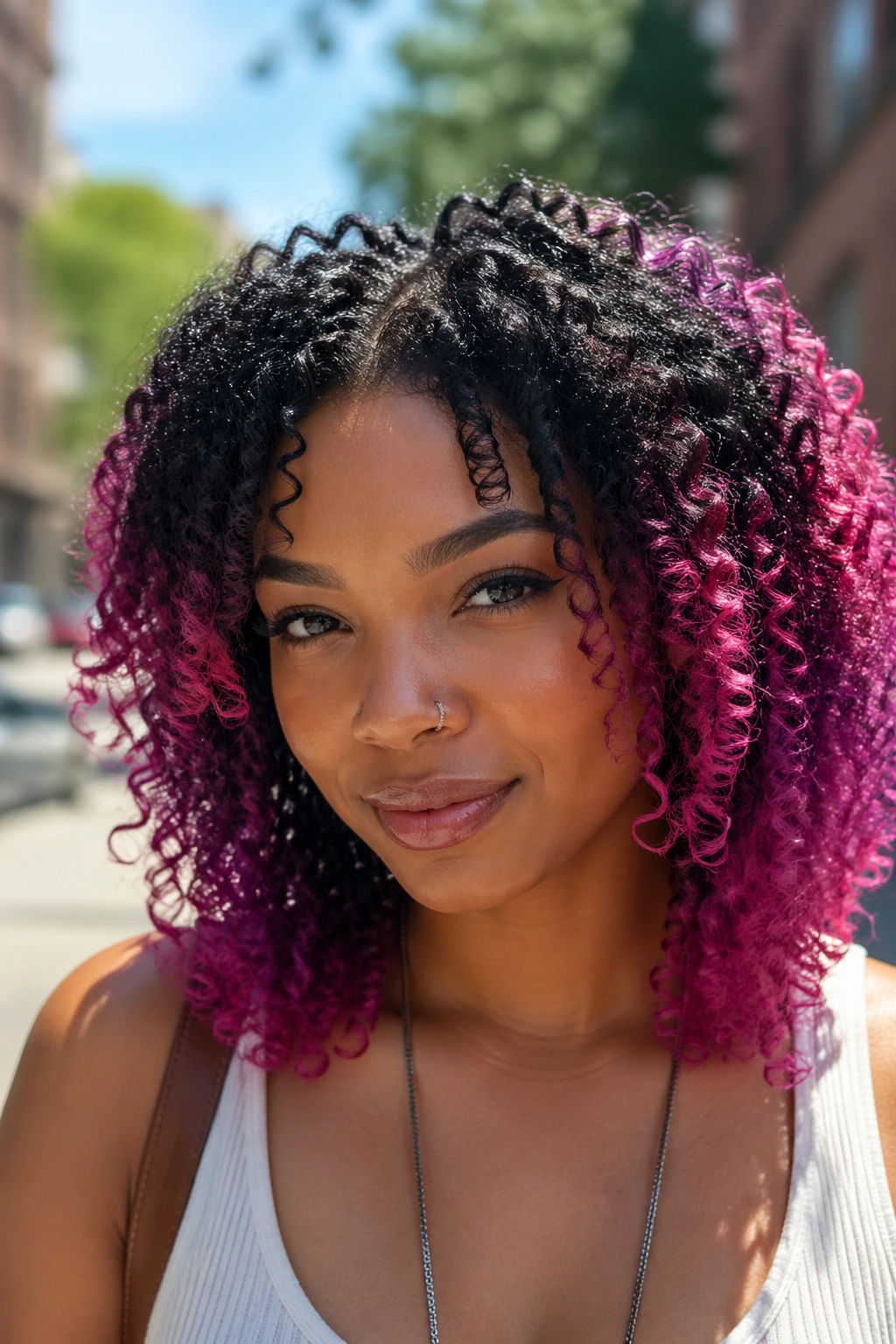Close-up of a Black woman with natural base and bright colored tips in curls