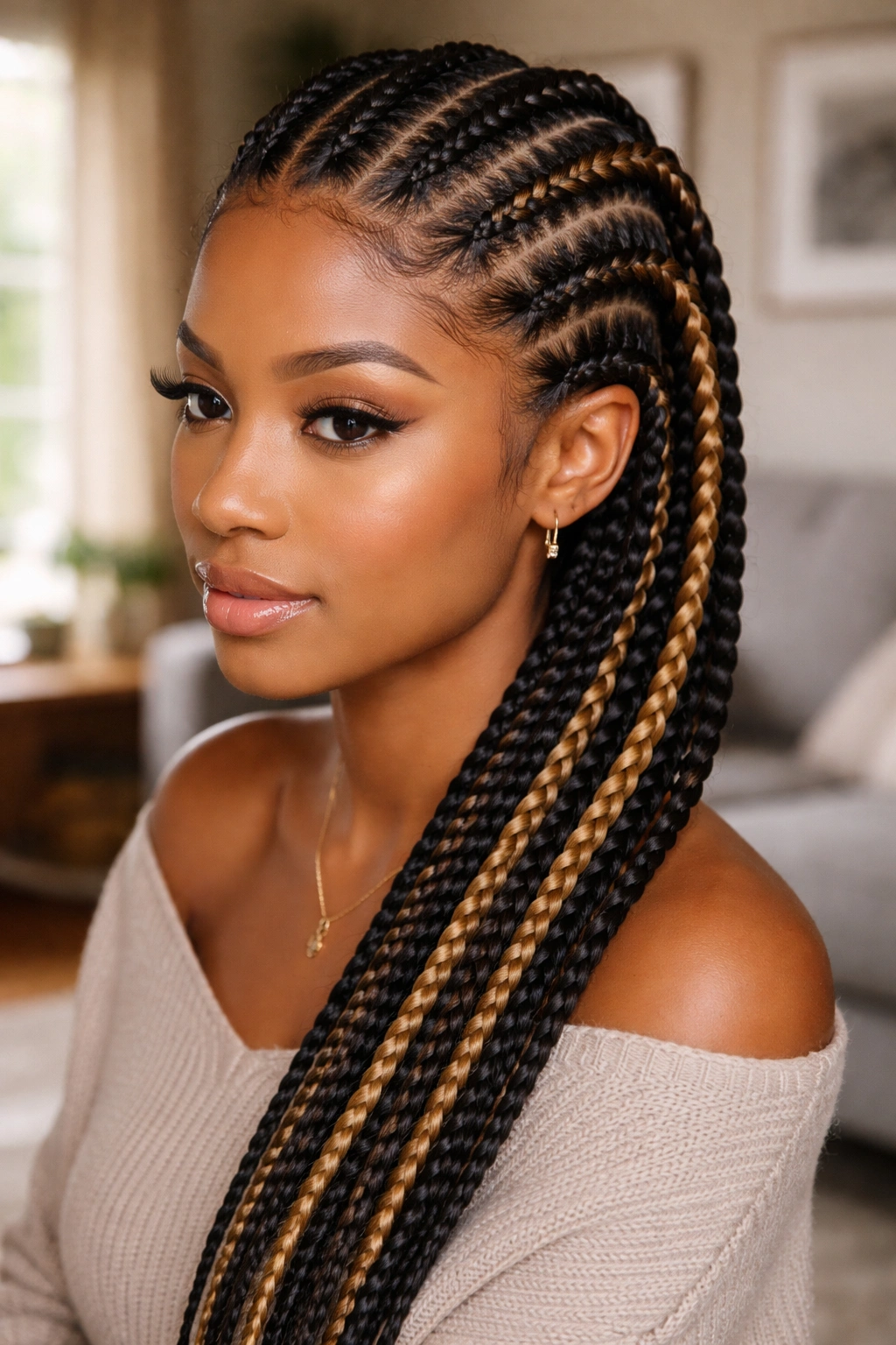 Close-up of six two-toned Kanekalon cornrows on a real person.