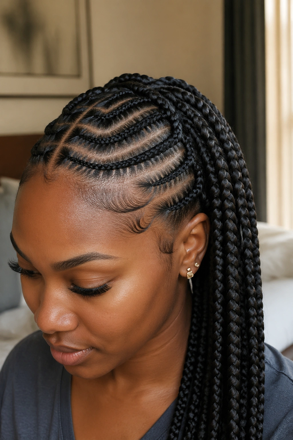 Close-up of a real woman showing front cornrows and crown-back box braids with a clear junction