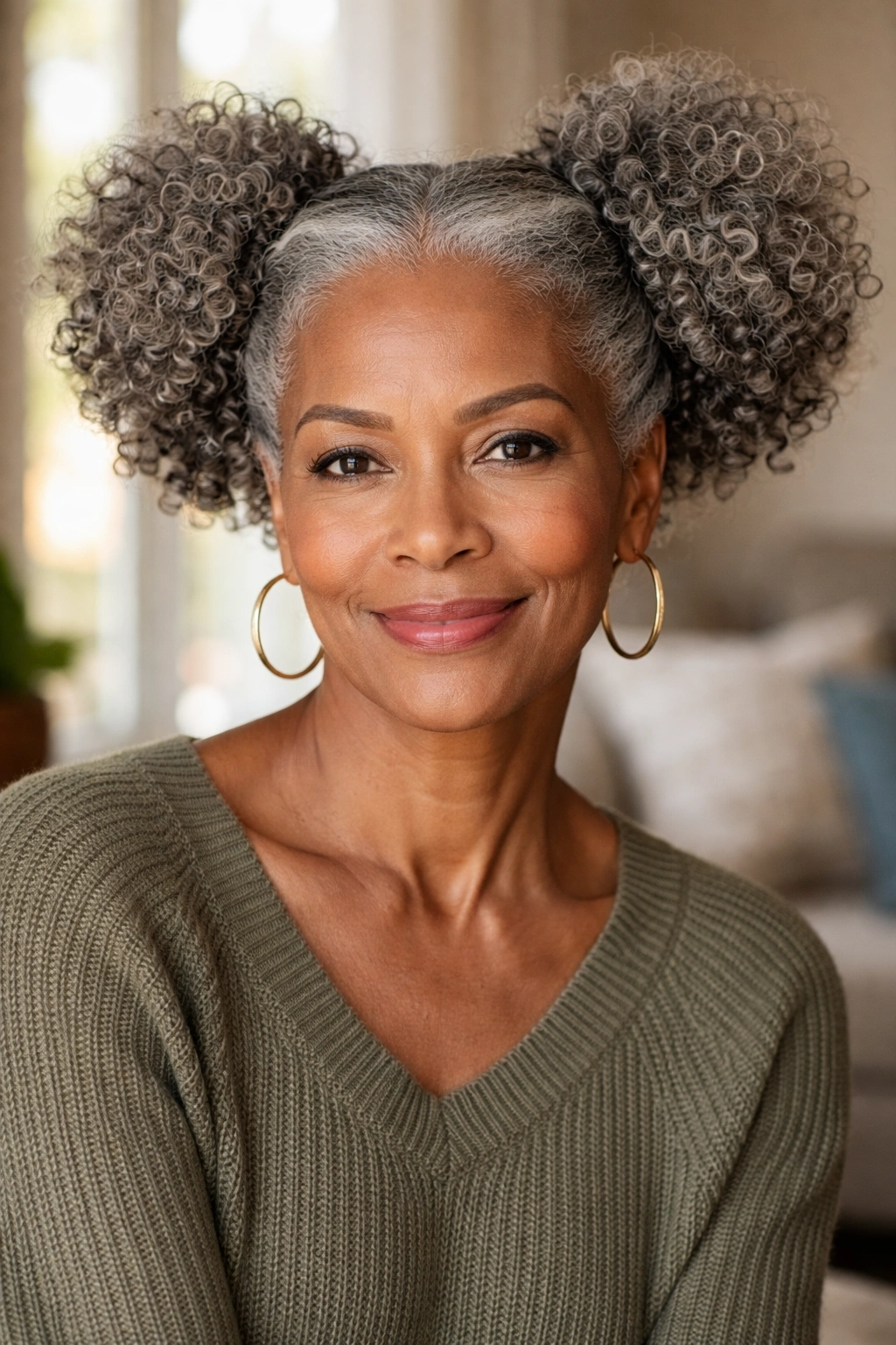 Close-up portrait of a real woman with grey curly hair in two symmetrical side puffs