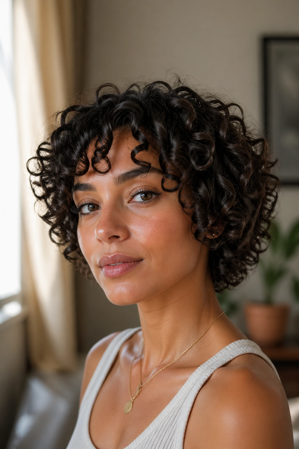 Close-up portrait of a real person with short Type 3 curls and layering