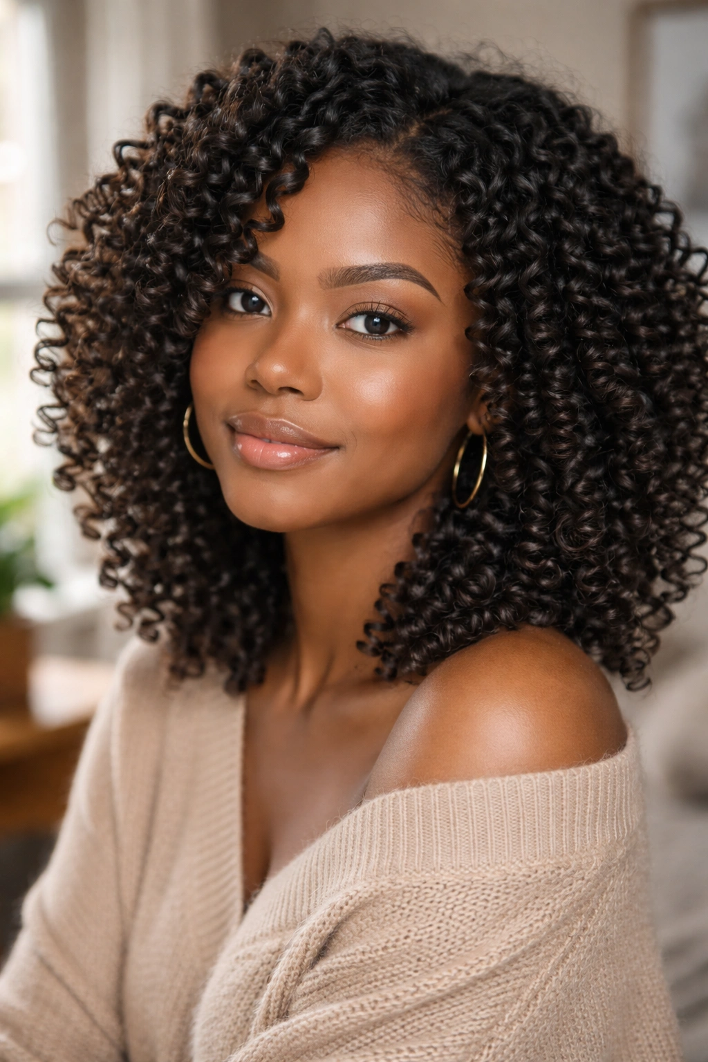 Portrait of a real person with Type 3 natural hair finger curls in soft natural light