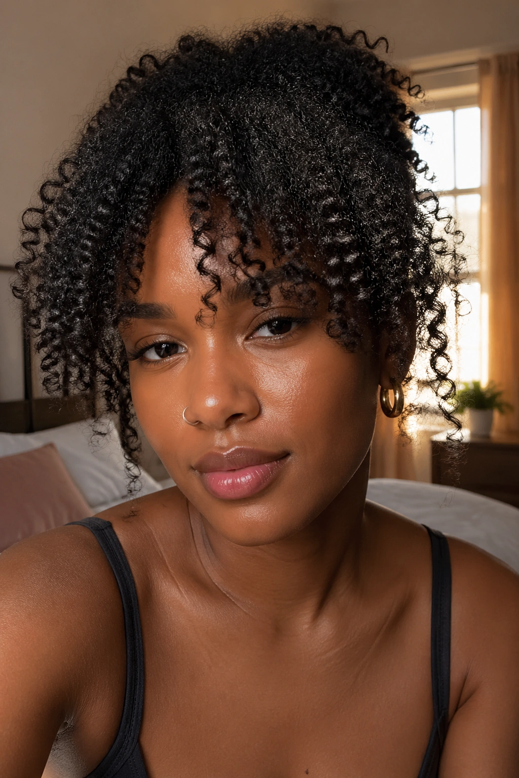 Close-up of textured curtain bangs on Type 4 hair with springy coils