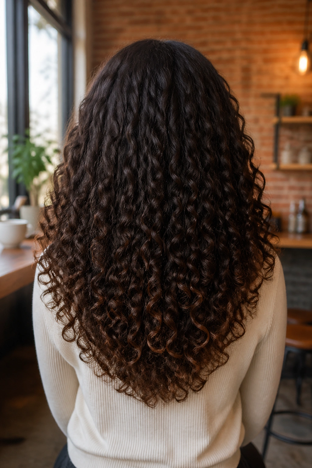 Back view of a real woman with a soft U-shaped cut at the back