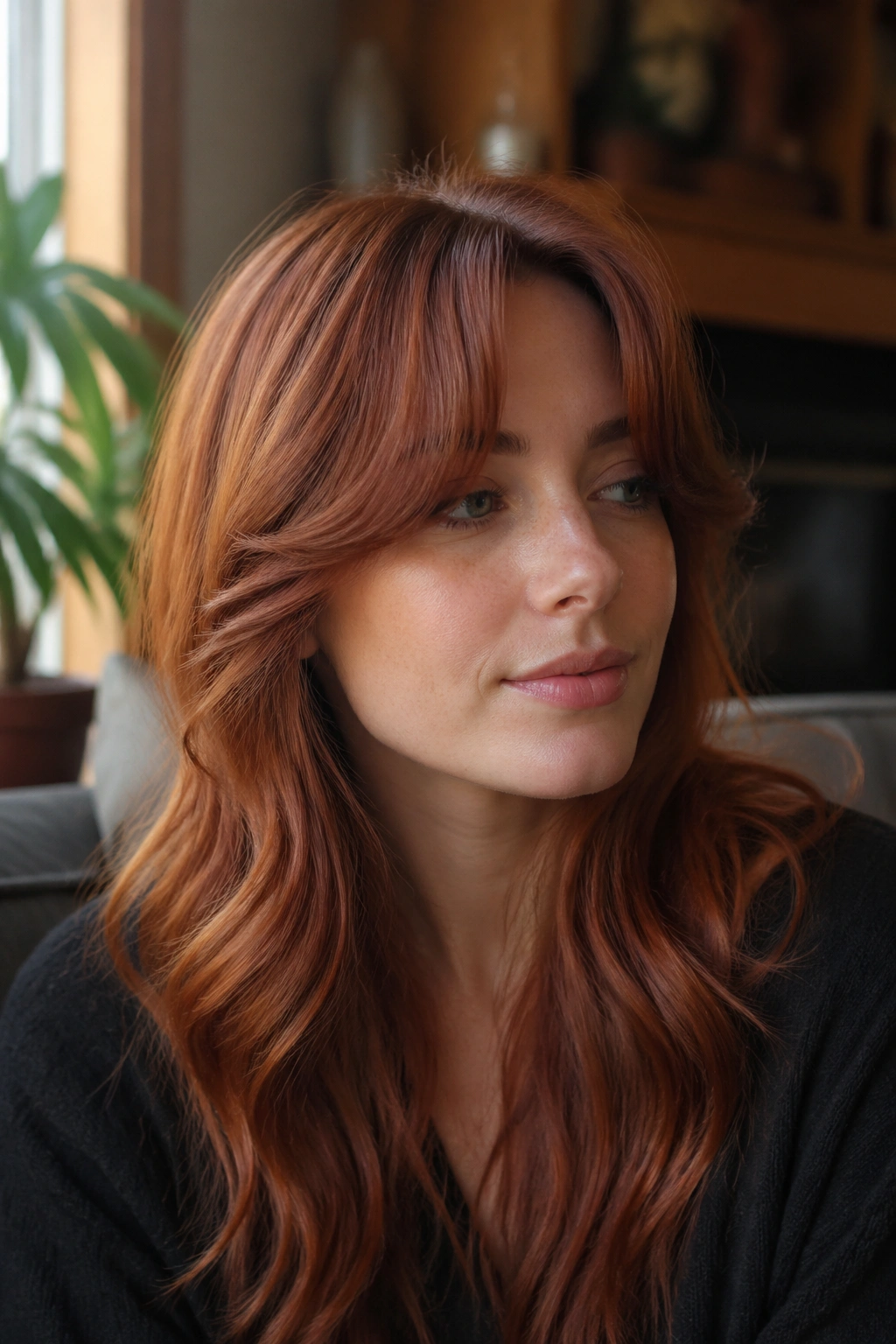 Real woman with U-shaped bangs and a soft middle dip.