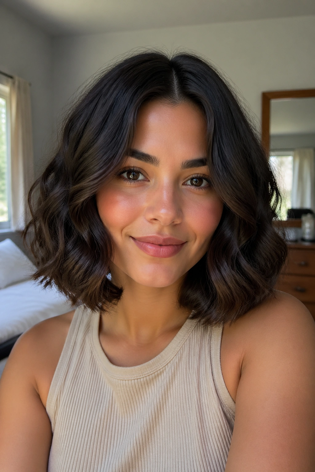 Close-up portrait of a woman with a U-shaped wavy bob and center part, waves around the cheeks