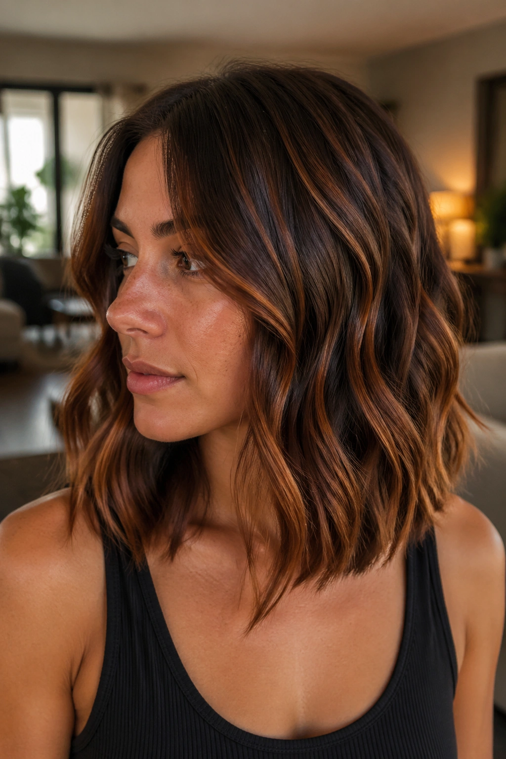 Close-up of a real woman with a copper-highlighted U-shaped shoulder cut