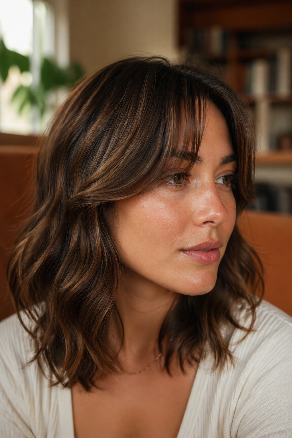 Close-up of a real woman with U-shaped curtain bangs sweeping the cheeks