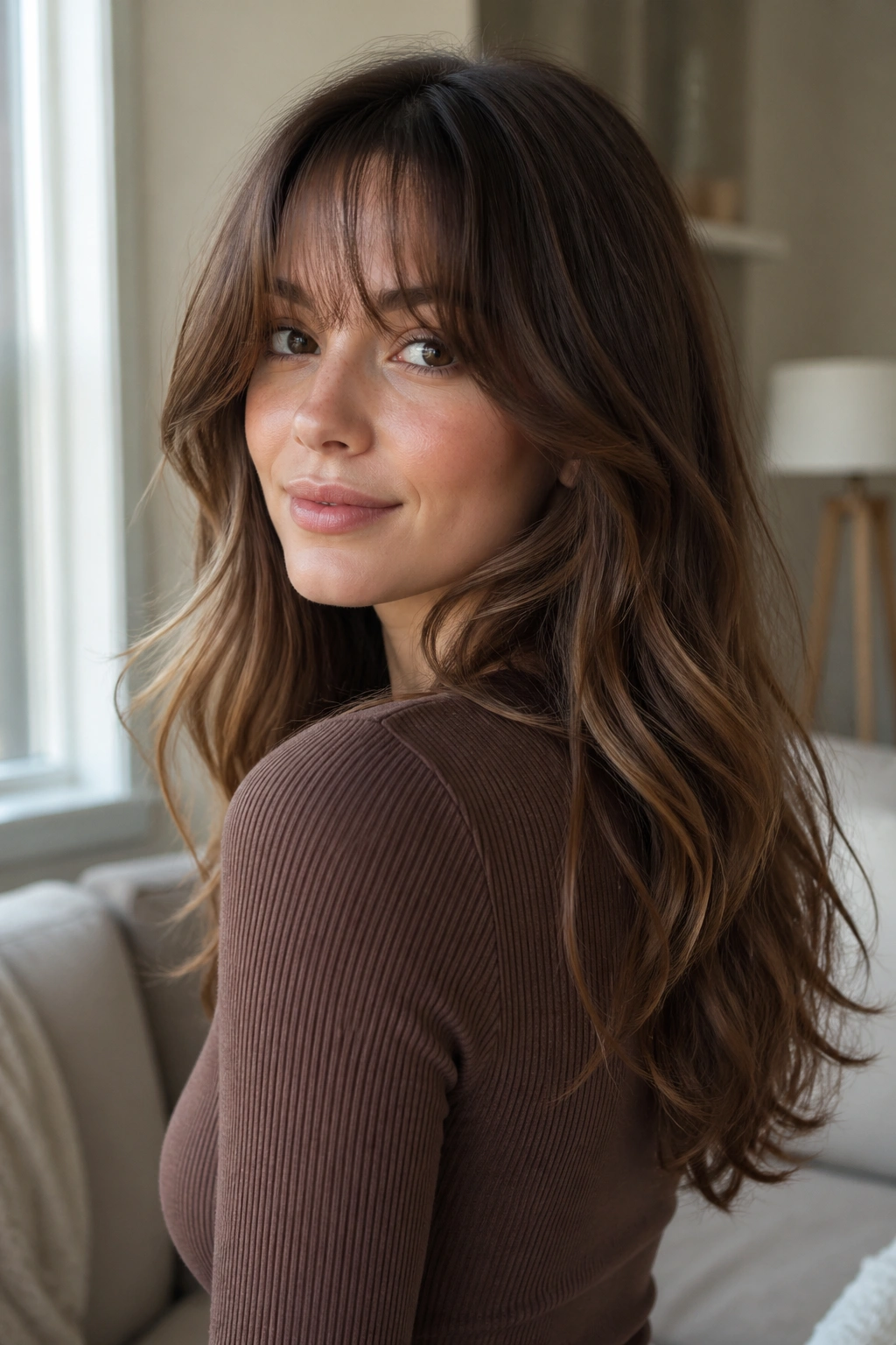 Portrait of a woman with a U-shaped cut and airy fringe in a sunlit living room