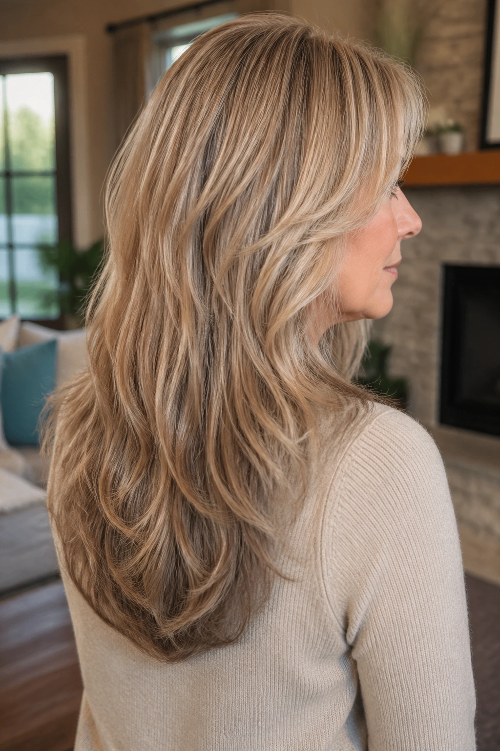 Real woman with a U-shaped cut and soft layers in a living room