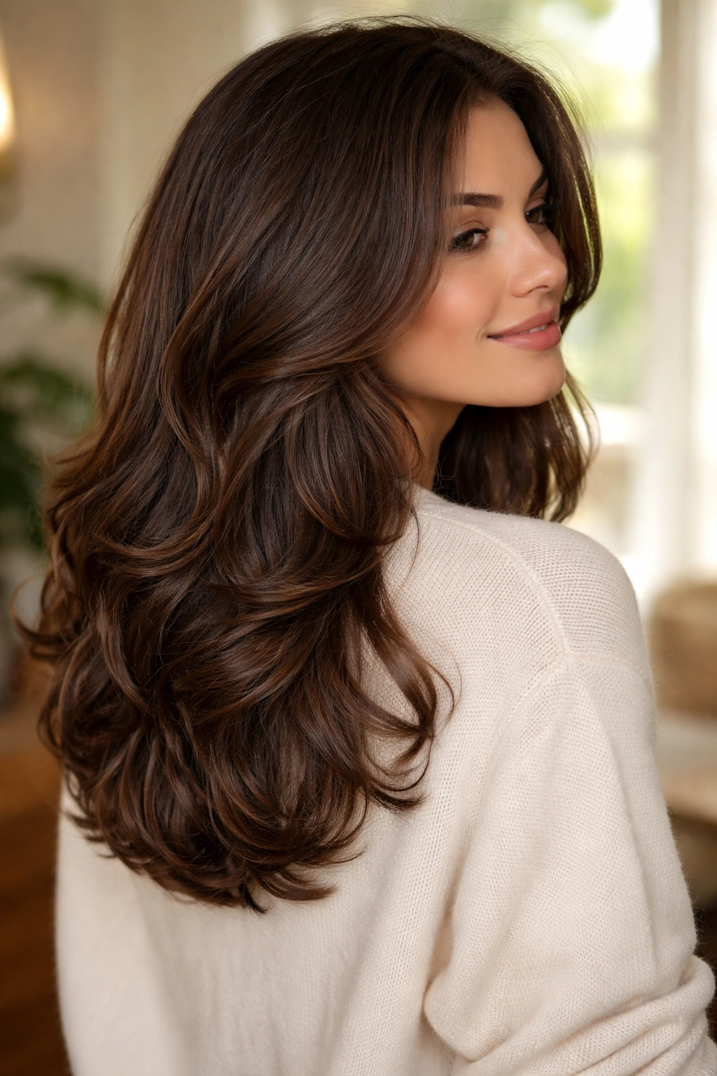 Portrait showing U-shaped layers on thick hair.