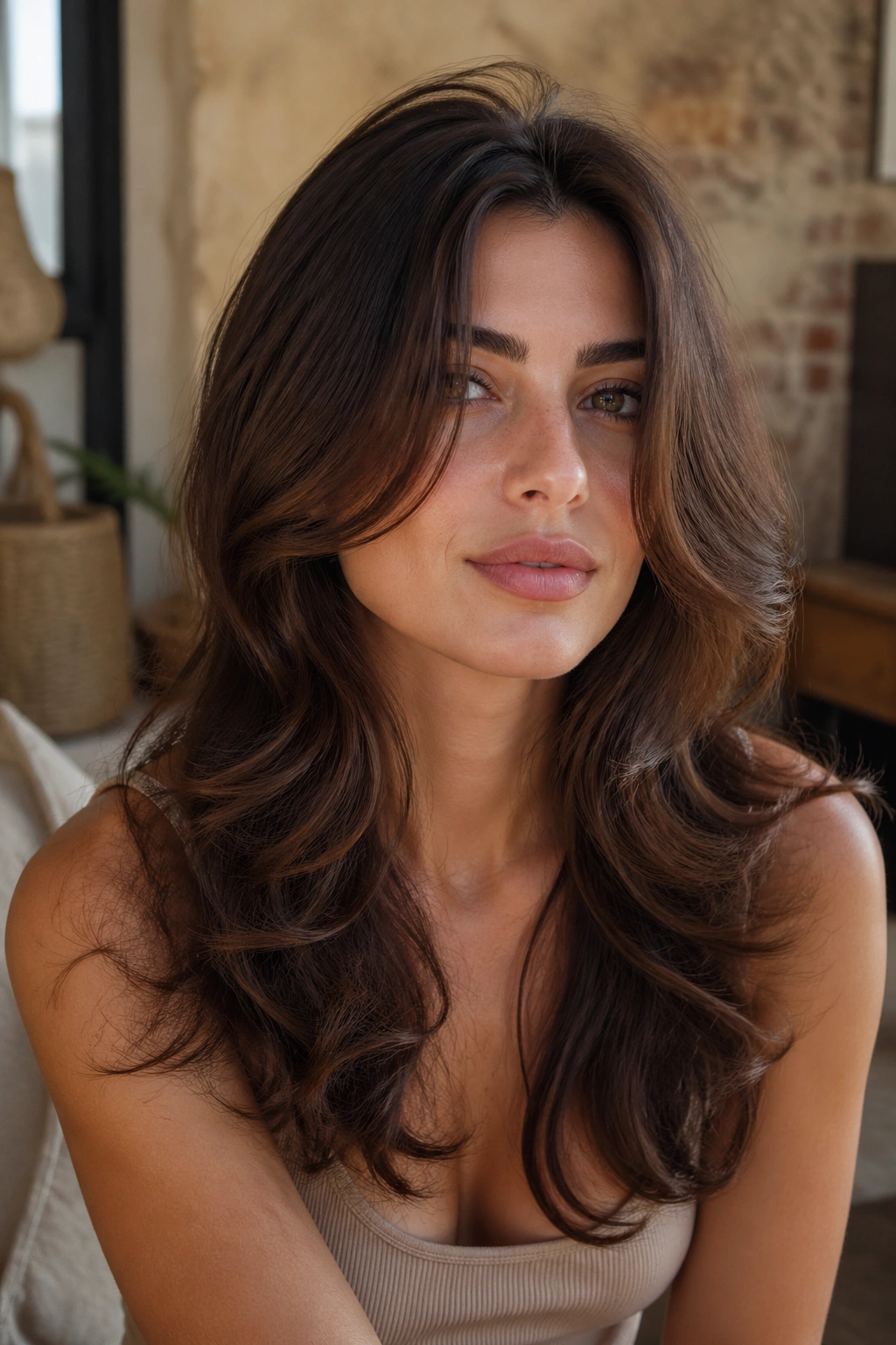Close-up of a real person with long U-shaped layers and soft waves