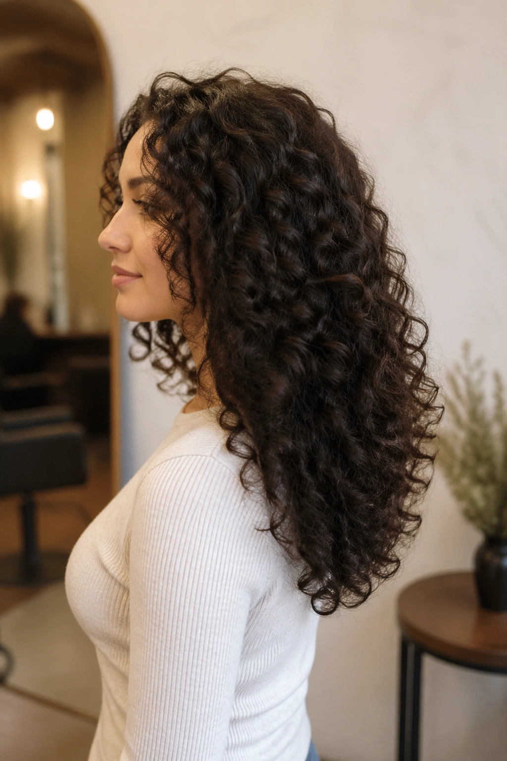 Side-profile of a real woman with a U-shaped layered hem.