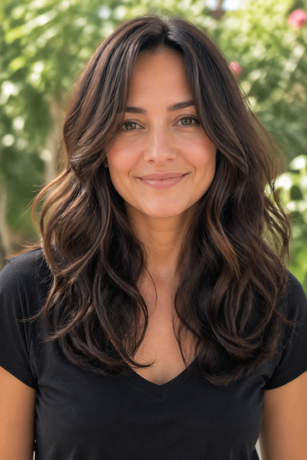 Real woman with thick wavy brunette hair and U-shaped layers