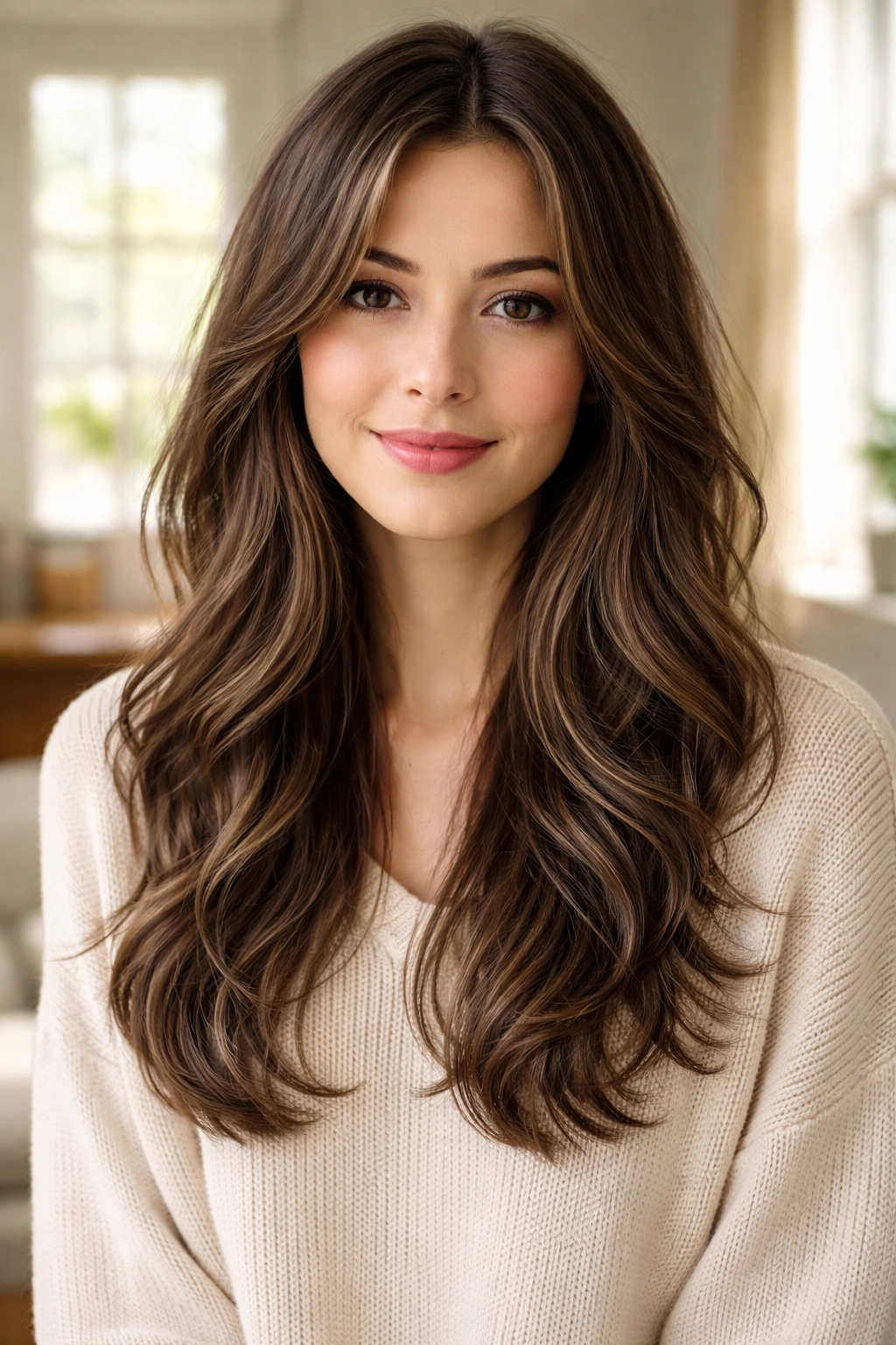 Close-up of a real woman with a U-shaped long cut and loose waves