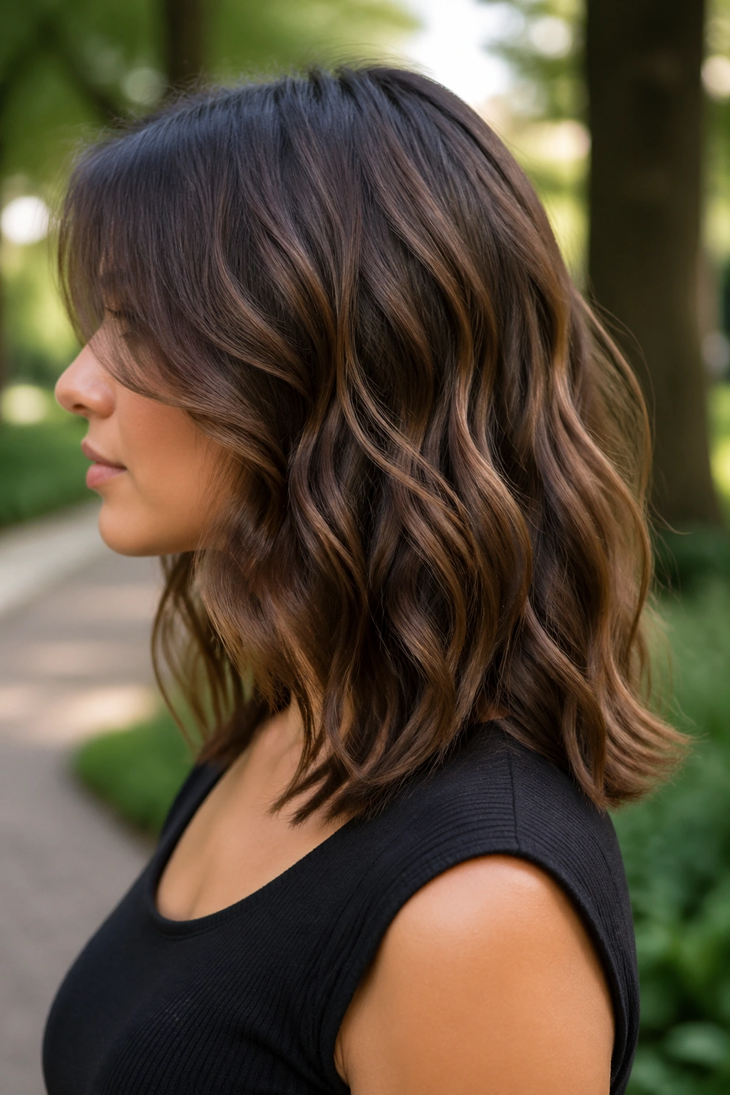 Side-profile of a real woman with a U-shaped midi cut
