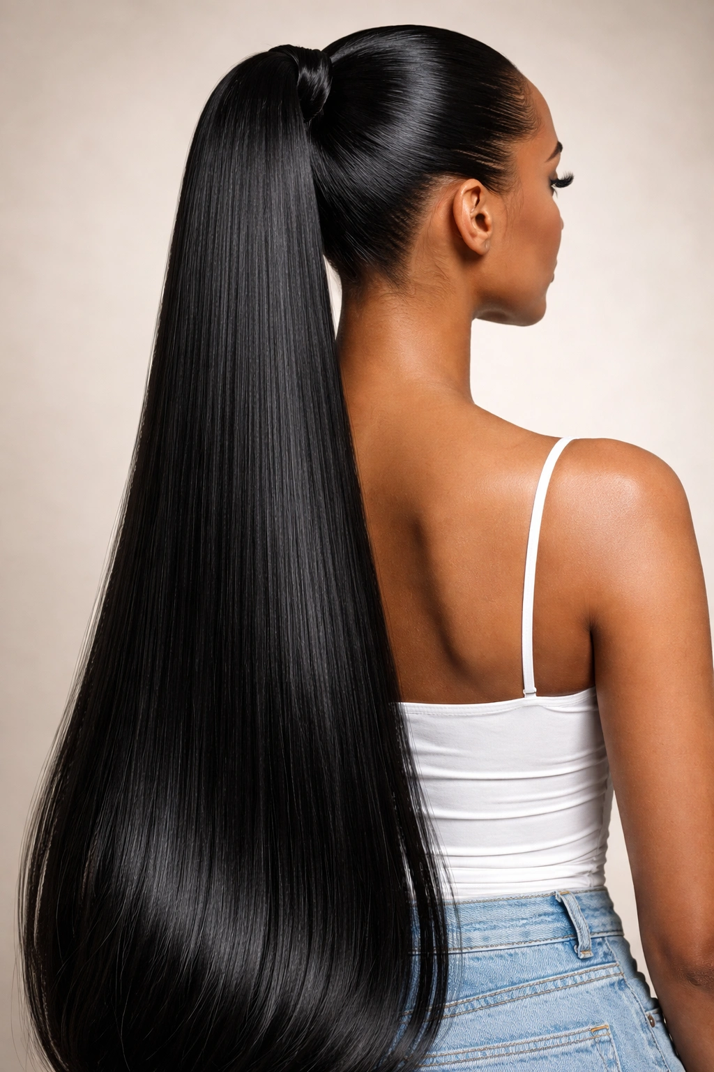 Back view of ultra-long bone-straight ponytail with dense, multi-bundle fullness