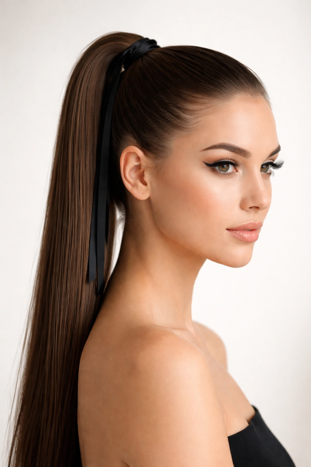 Sleek high ponytail with a narrow black ribbon tie