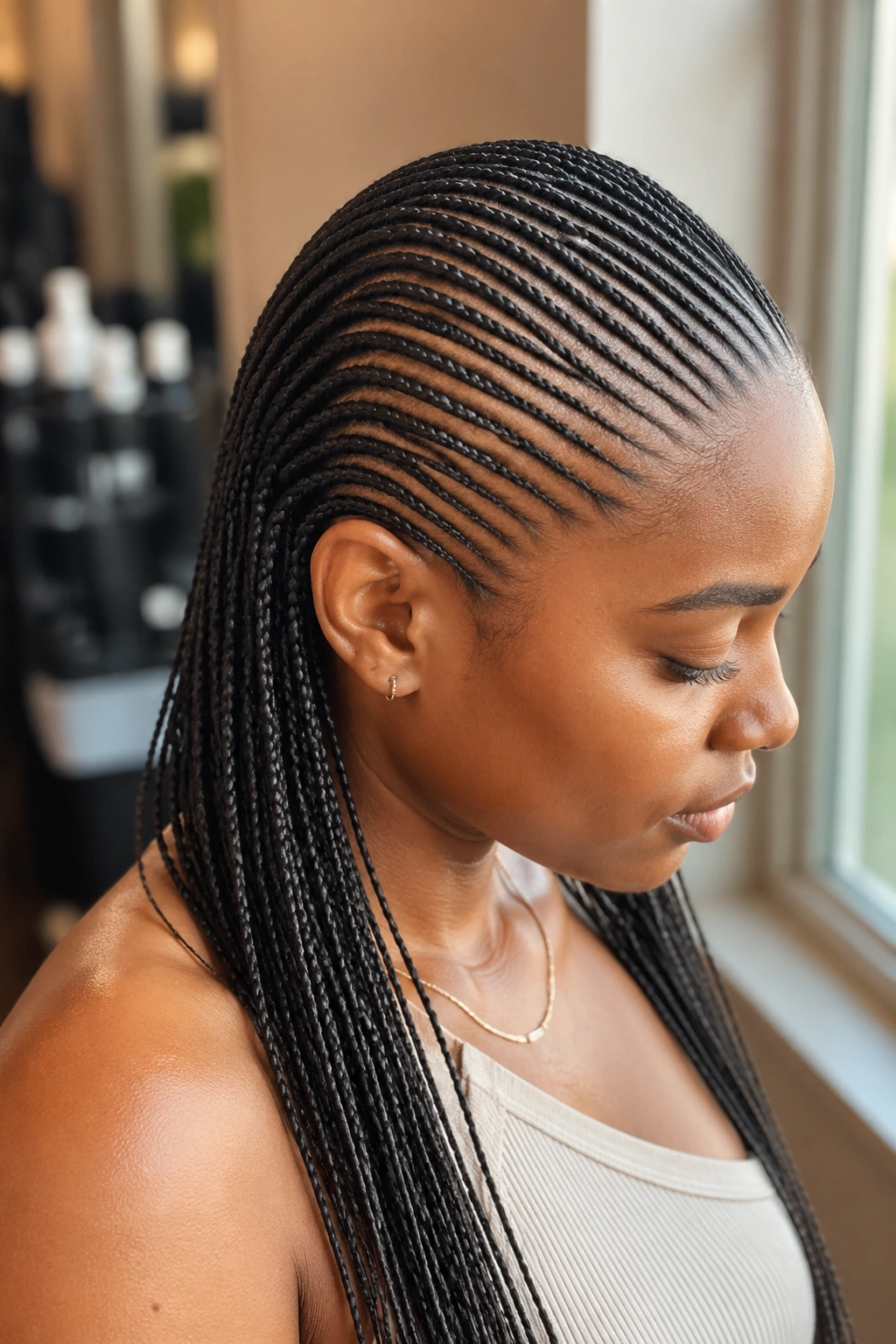 Close-up of a real person with ultra-thin cornrows and 8–10 inch extensions; scalp visible.