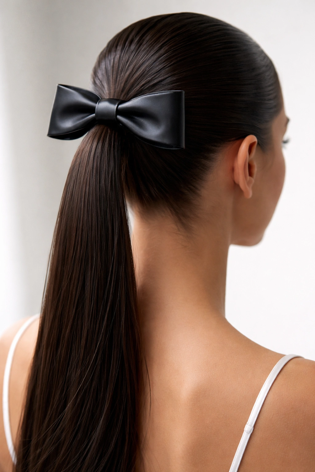 Ultra-tight ponytail with a polished leather bow against a plain background