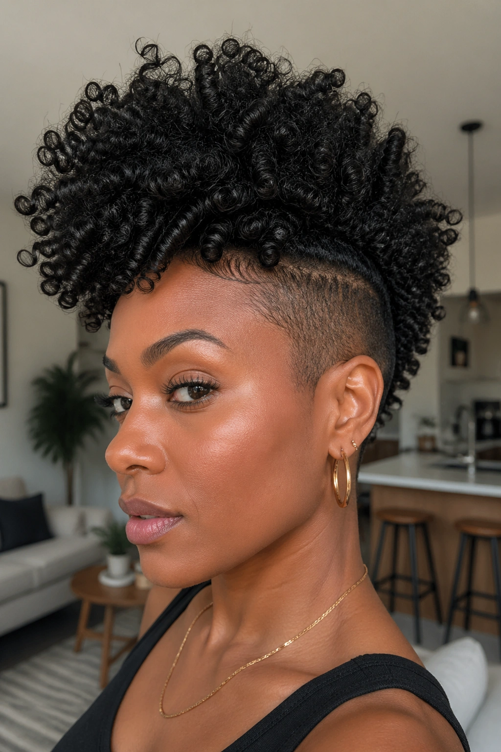 Portrait of a person with undercut crochet afro on top and shaved sides.