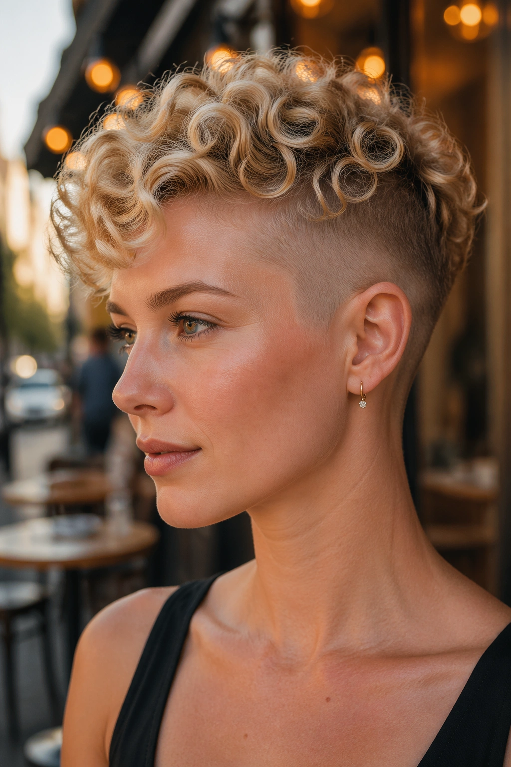 Close-up portrait of a real woman with an undercut blonde curly pixie, top curls stacked