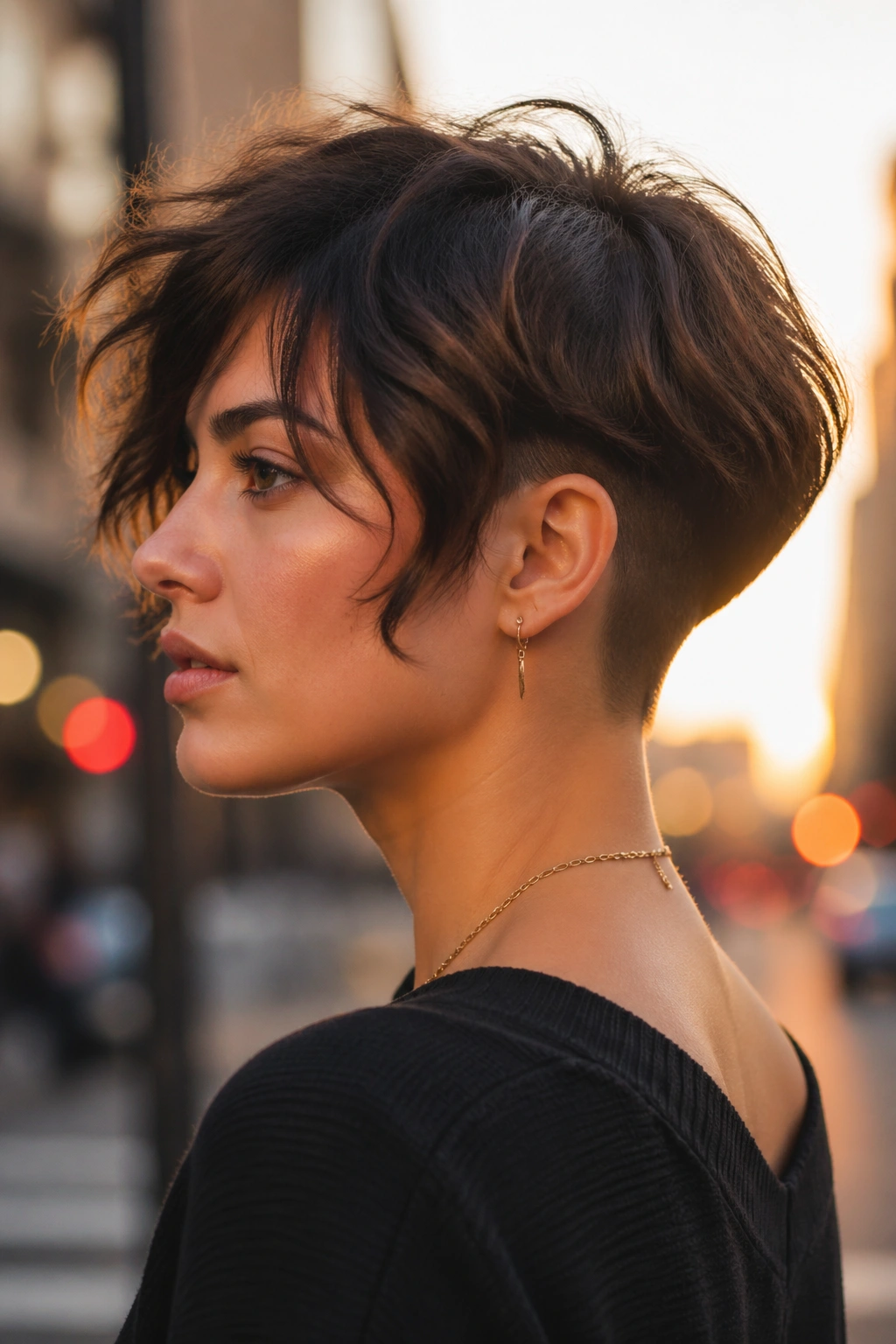 Real woman with a two-tier disconnected undercut bob showing volume at the crown