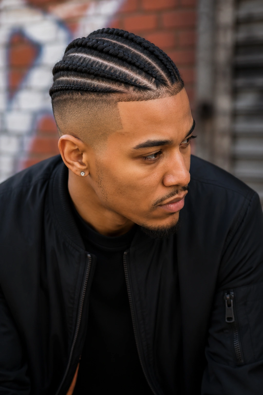Three-quarter view of a person with an undercut border and five top cornrows