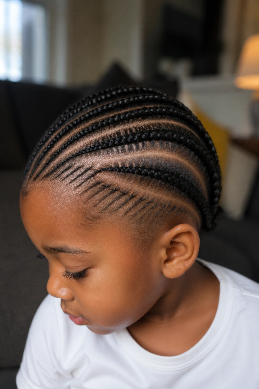 Close-up of a real child with shaved-look undercut cornrows on one side