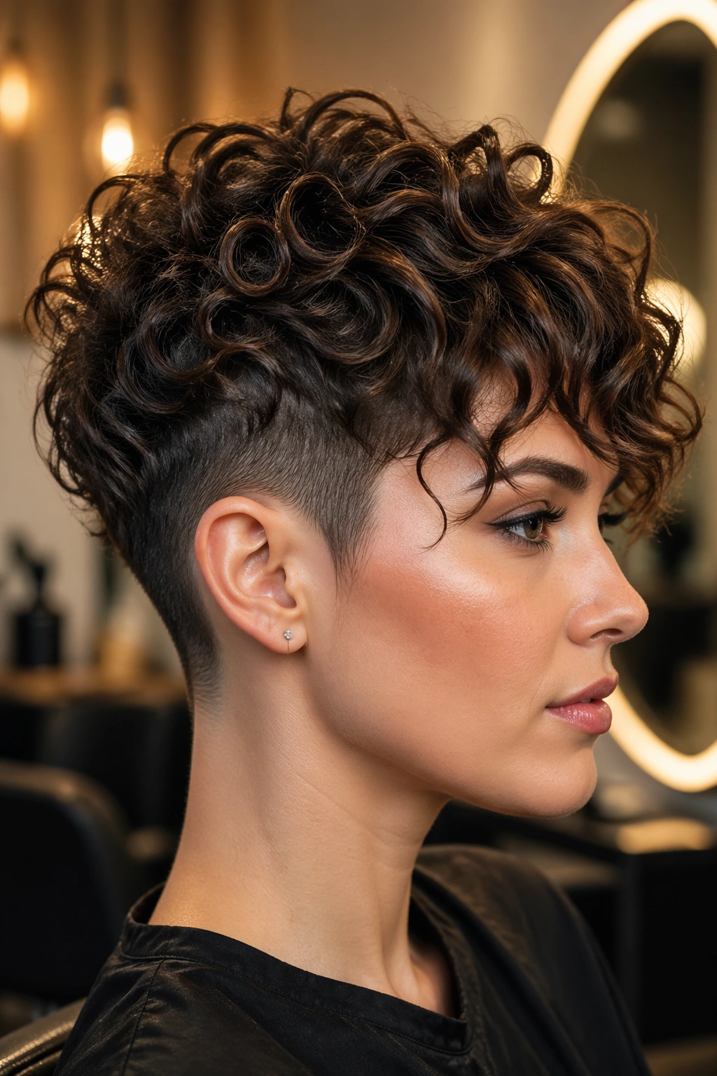 Close-up of undercut curly pixie with long top layers.