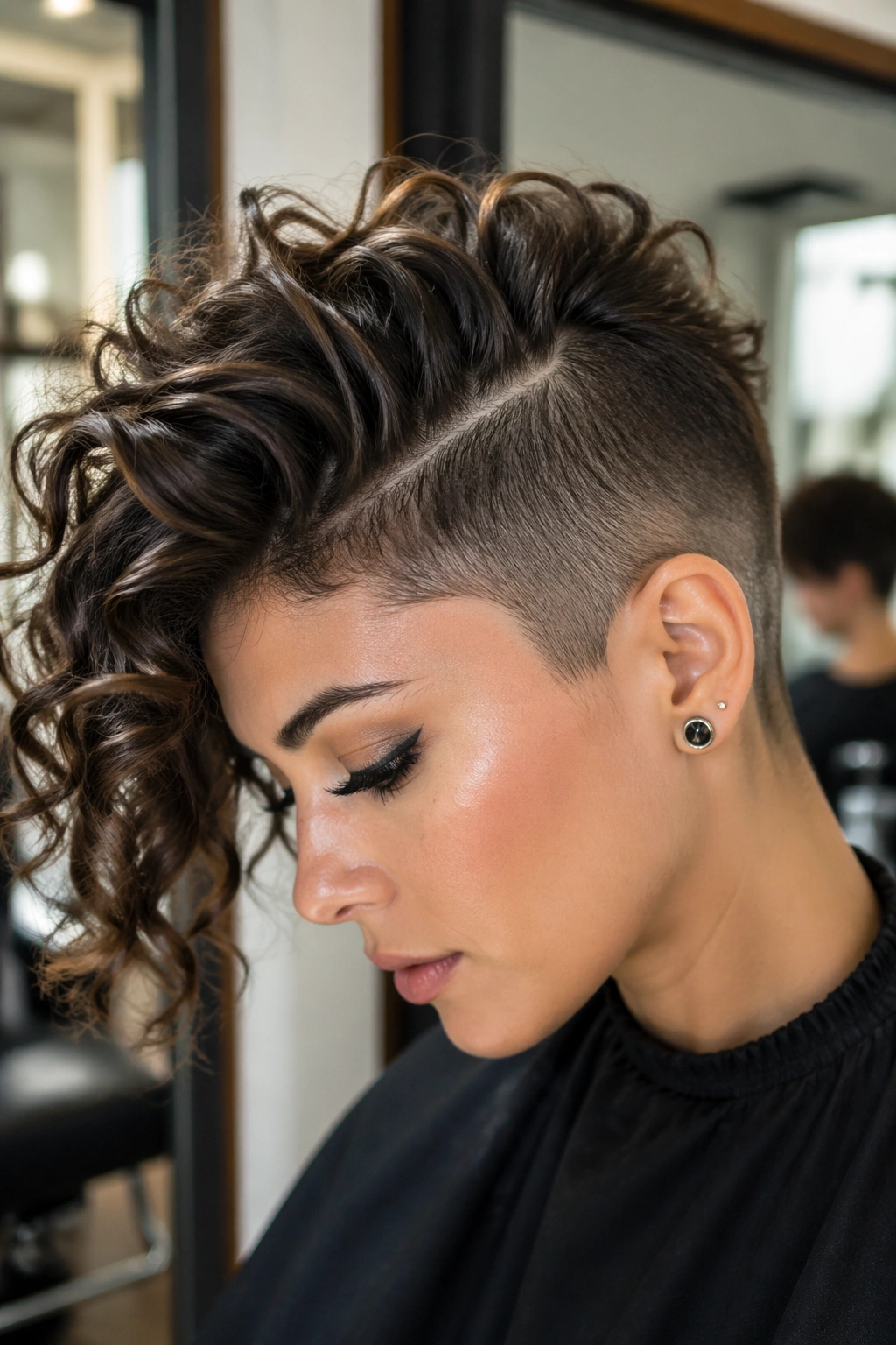 Close-up detail of a side-swept curly undercut showing contrast.