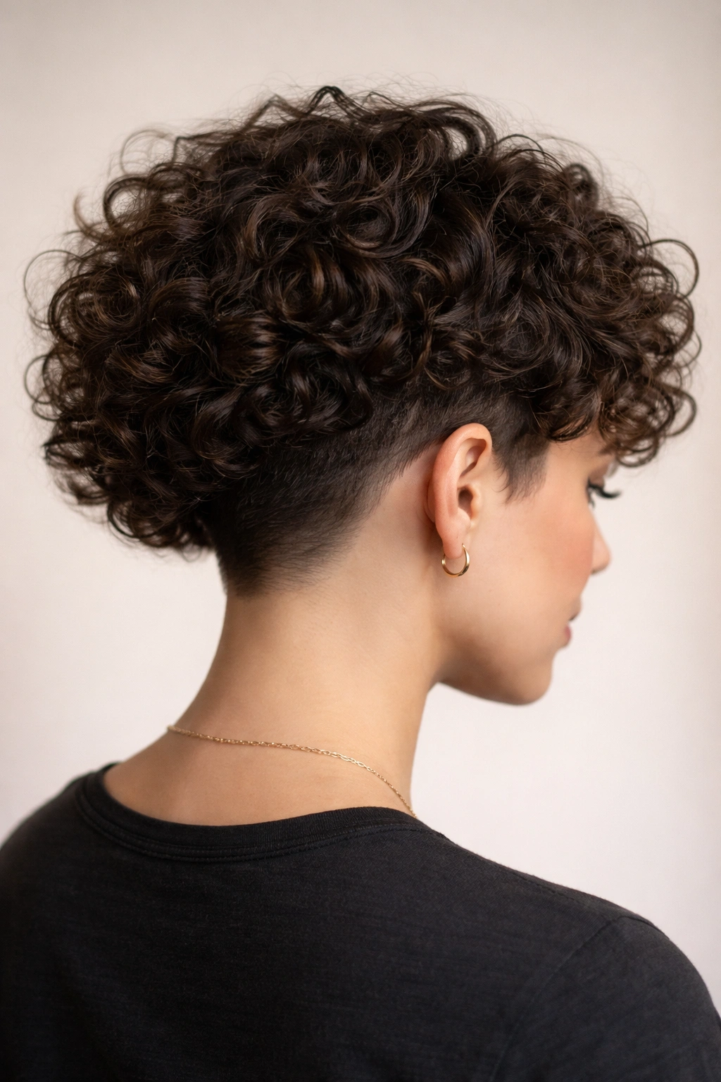 Undercut curly bob hairstyle with shaved nape and voluminous curls in a studio portrait