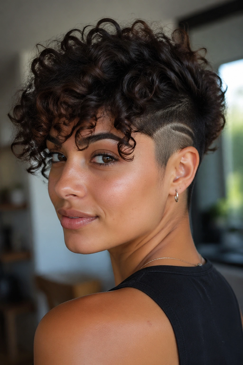 Close-up of a real person with a short curly cut and shaved undercut on the sides