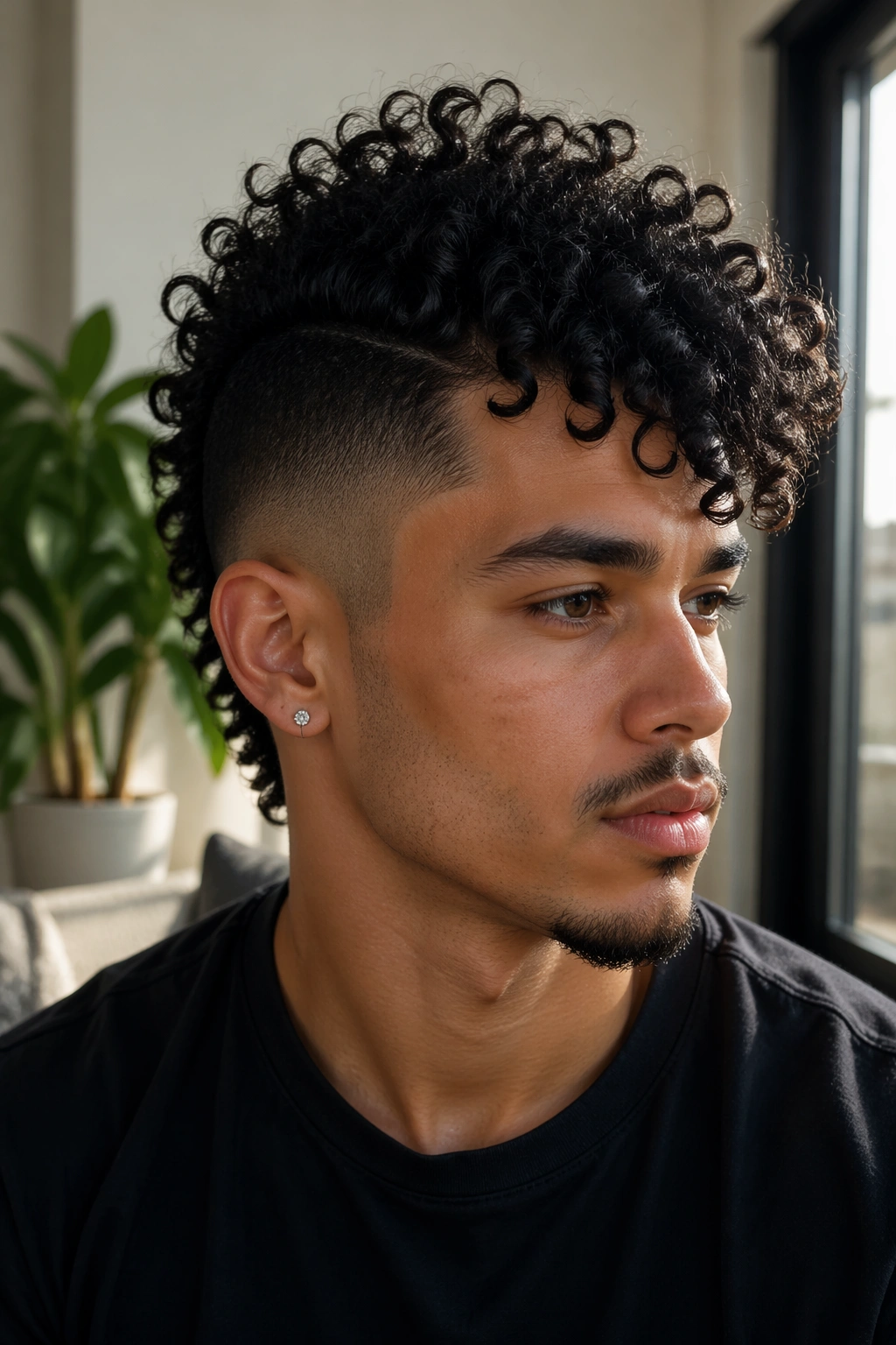 Close-up of a person with an undercut curly mohawk