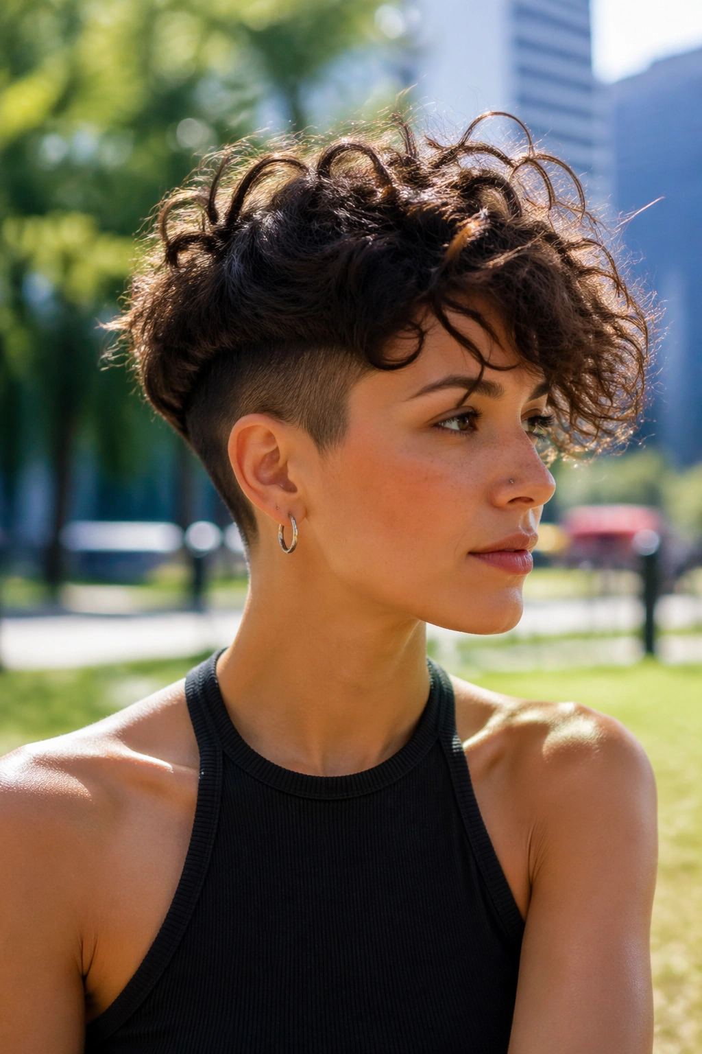Undercut curly short style in park