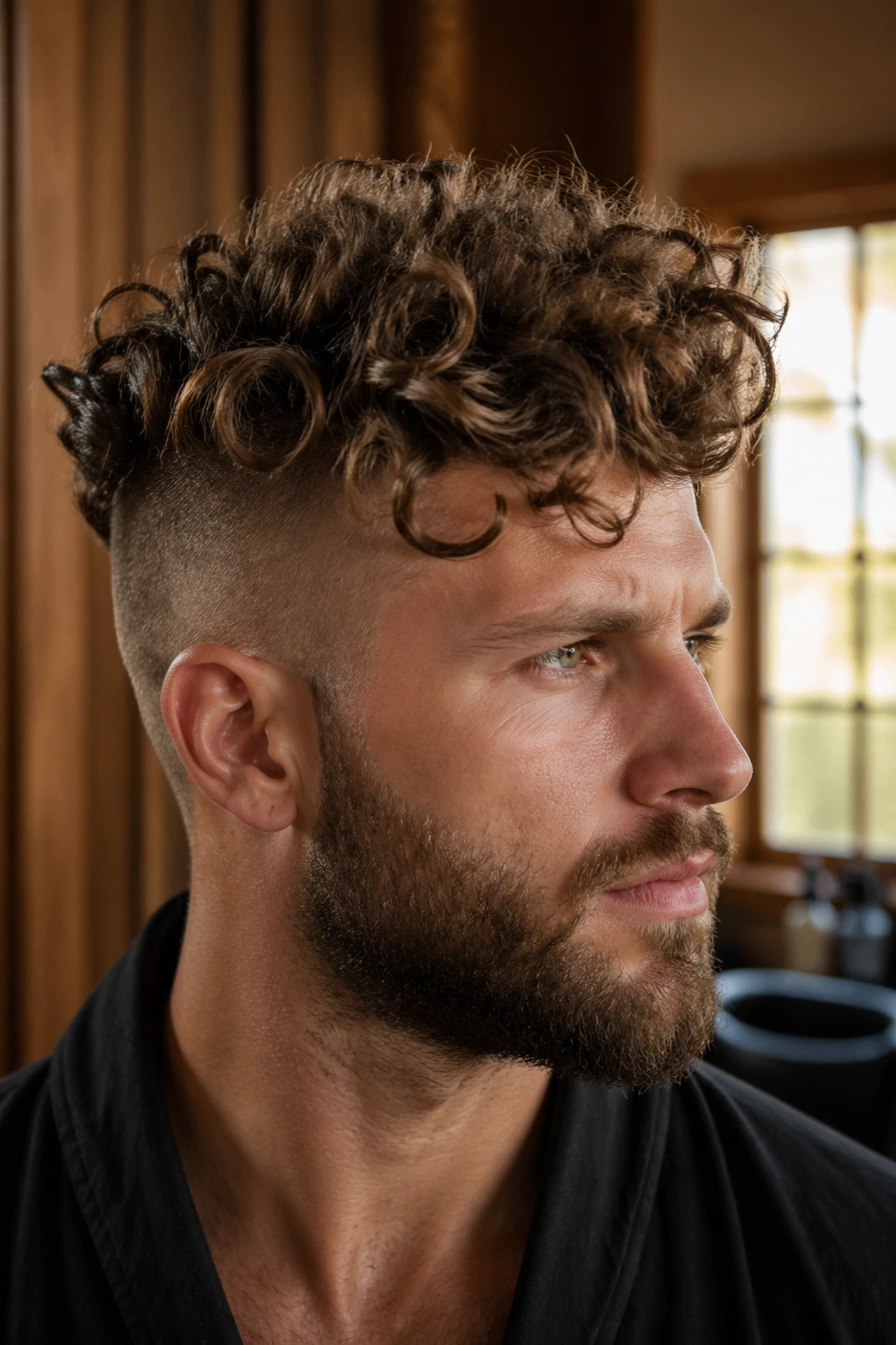 Close-up of a real person with an undercut and curly top in a Viking-inspired hairstyle