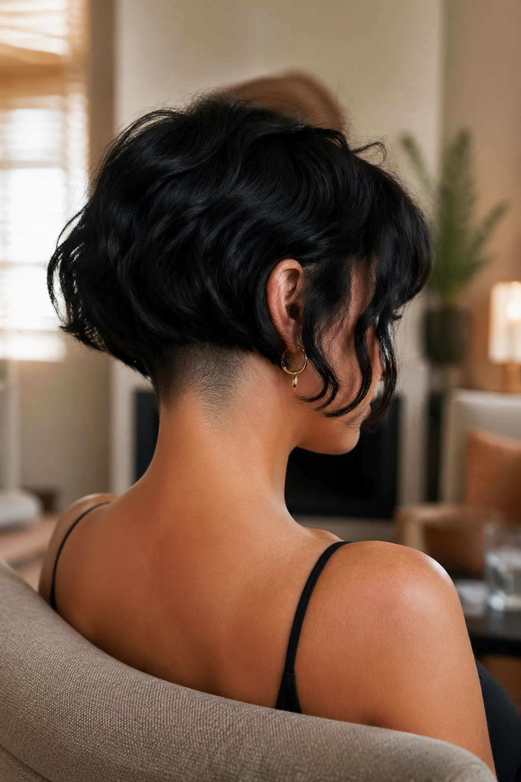 Back view showing a dark wavy bob with a shaved nape undercut on a real person.