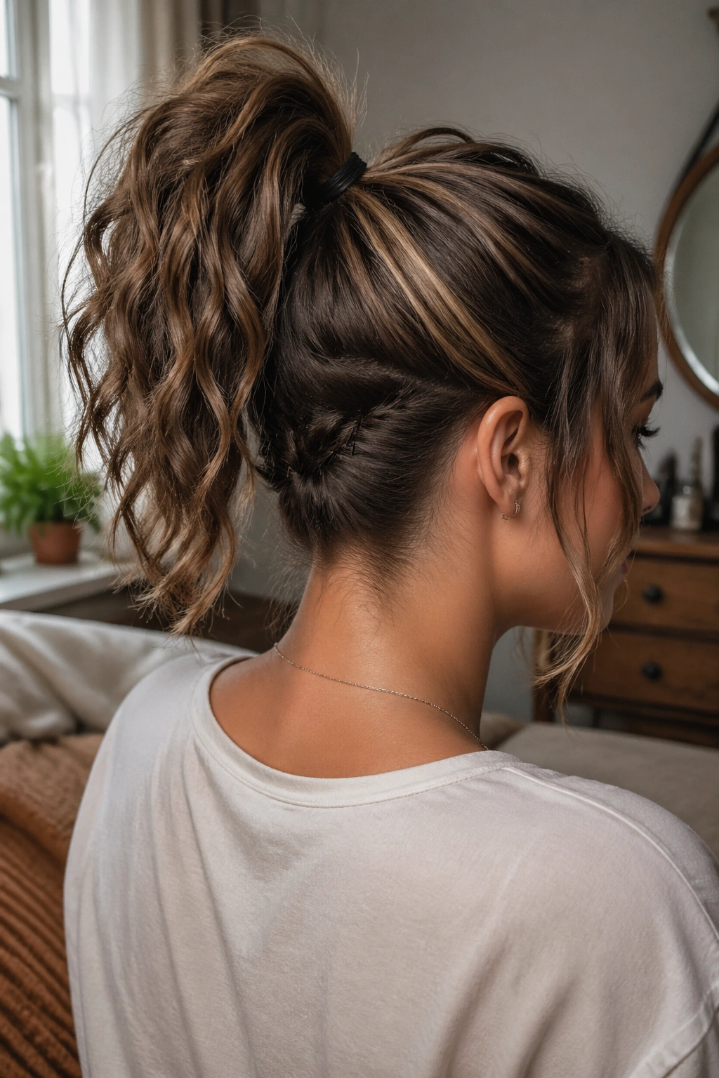 Close-up portrait of a real person with an undercut-style faux pony, pinned nape and high pony, in warm window light