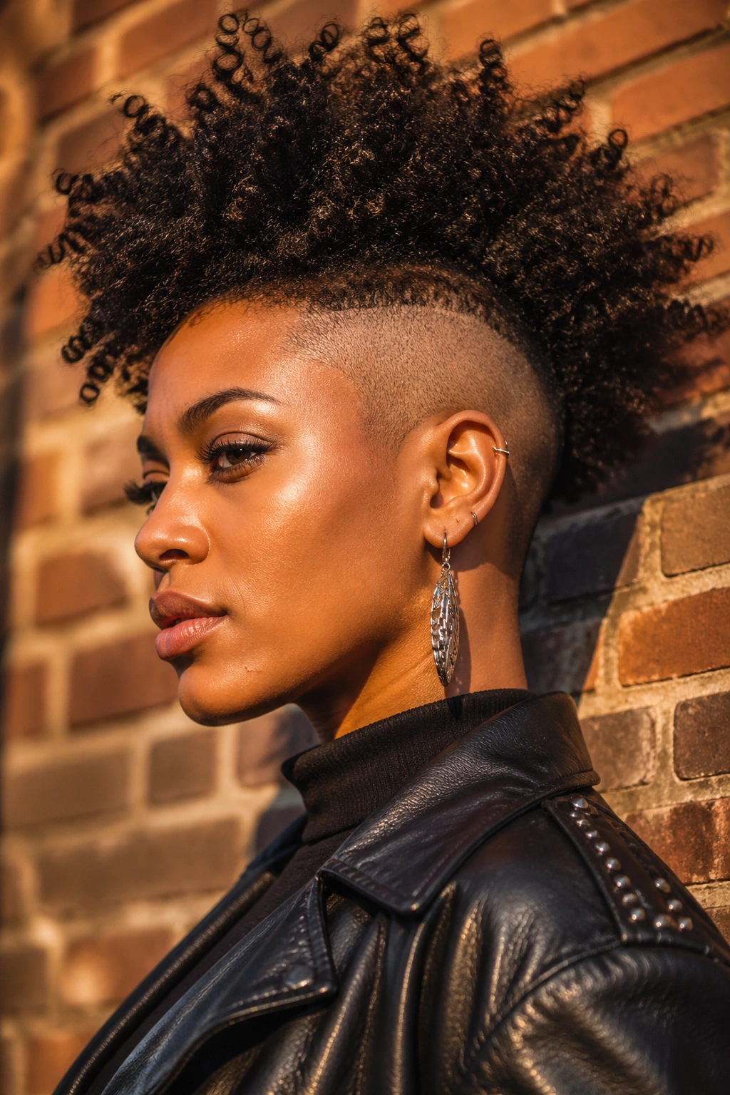 Close-up of a Black woman with shaved sides natural undercut and textured afro against brick wall.